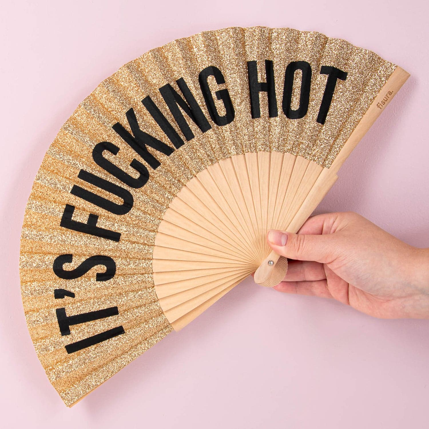 Houten waaier It's Fucking Hot - Gouden glitter