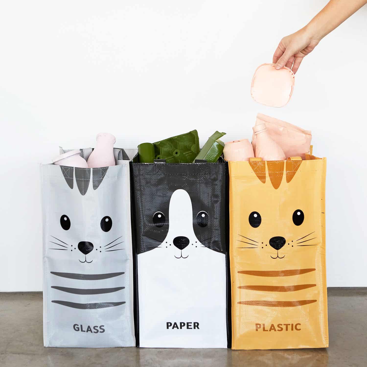 Afval recycletassen met kat (set van 3)