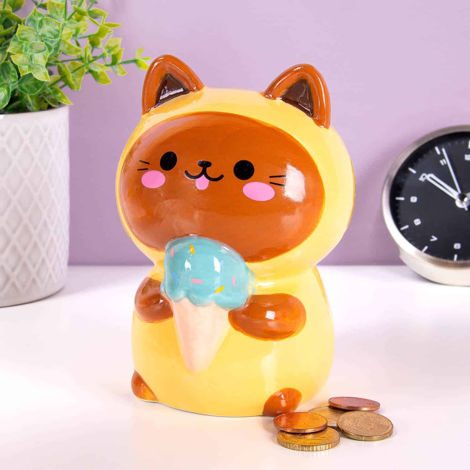 Kawaii kat spaarpot - Geel/ijsje