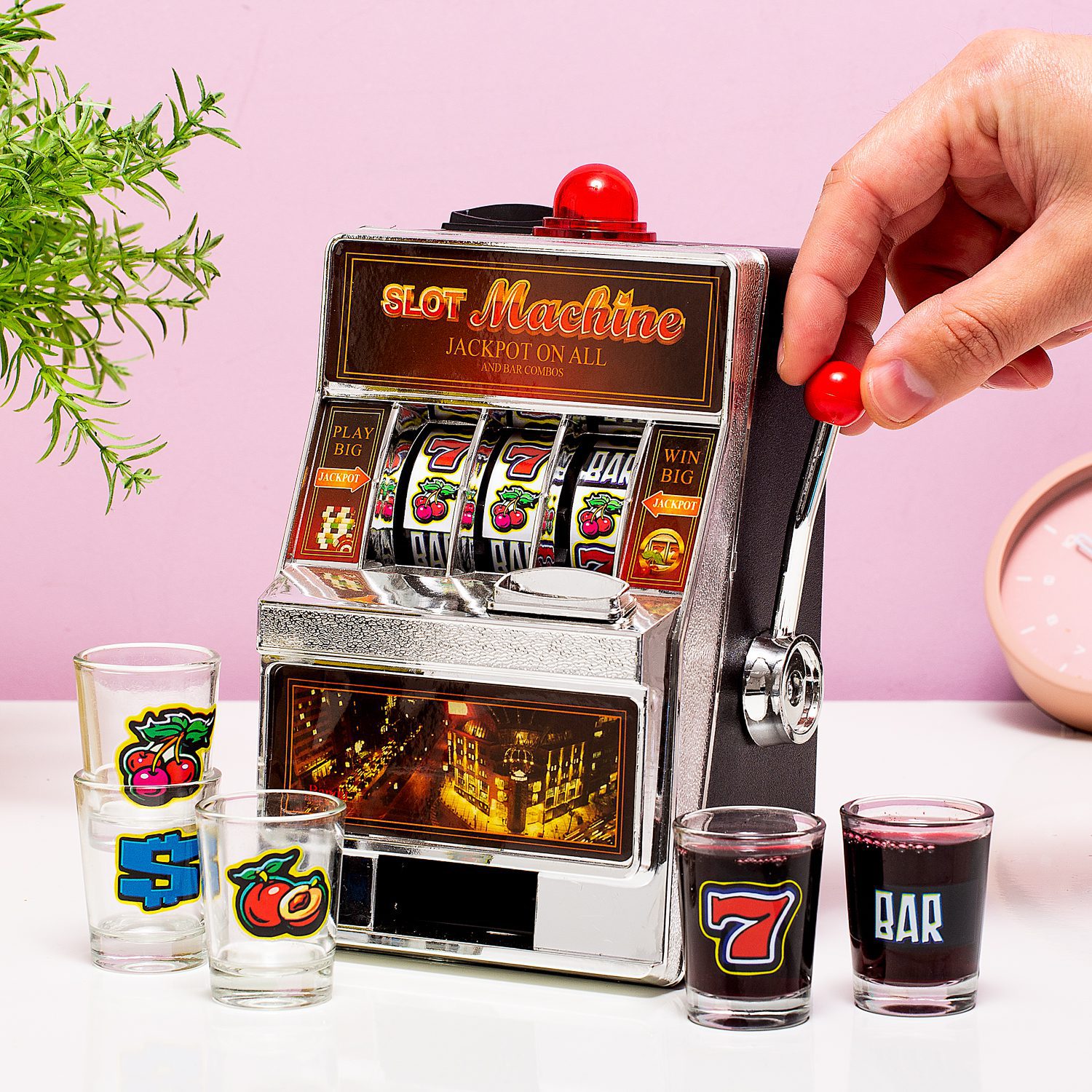 456189 Drinking game Slot machine with 5 shot glasses Out of the blue-1